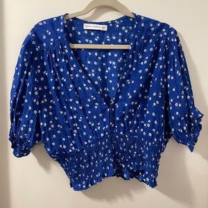 Faithfull The Brand Smocked Blue Floral First Light Betina V-neckline Top Sz-10